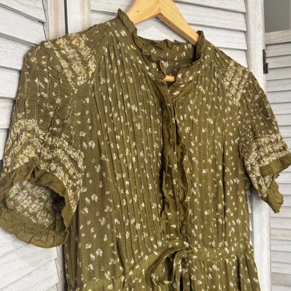 Free‎ People Rare Feelings Maxi Dress Olive Green Floral Boho Tiered Smocked S - Picture 4 of 13